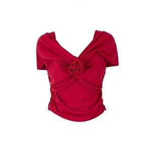 WAYF Belle Off-the-Shoulder Top Red Ruched Cropped